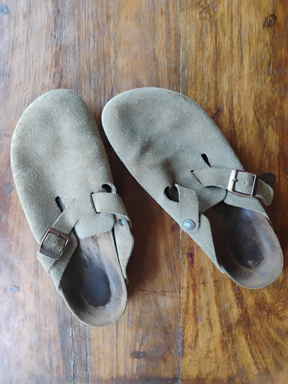 Birken-style Women's Suede Clogs in Olive Brown